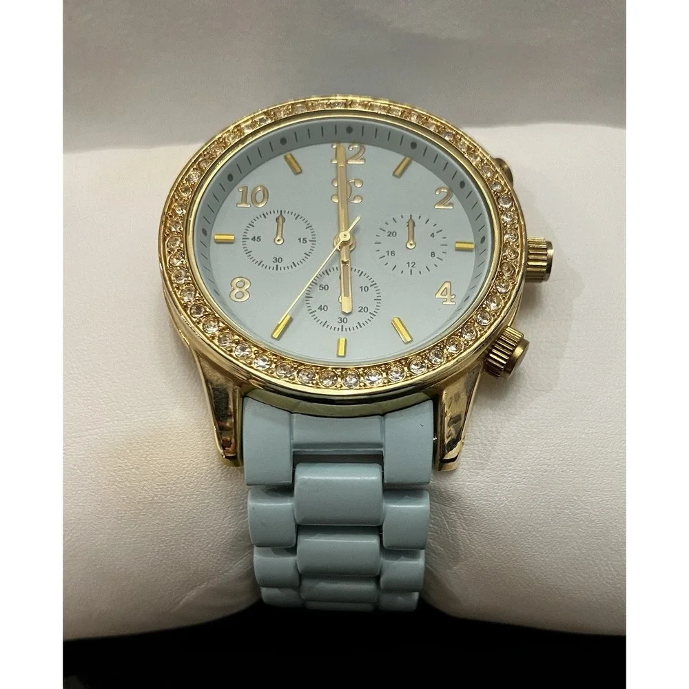 Charming Charlie Mint Aqua Blue Crystal Rhinestone Gold Tone Acrylic Band Watch